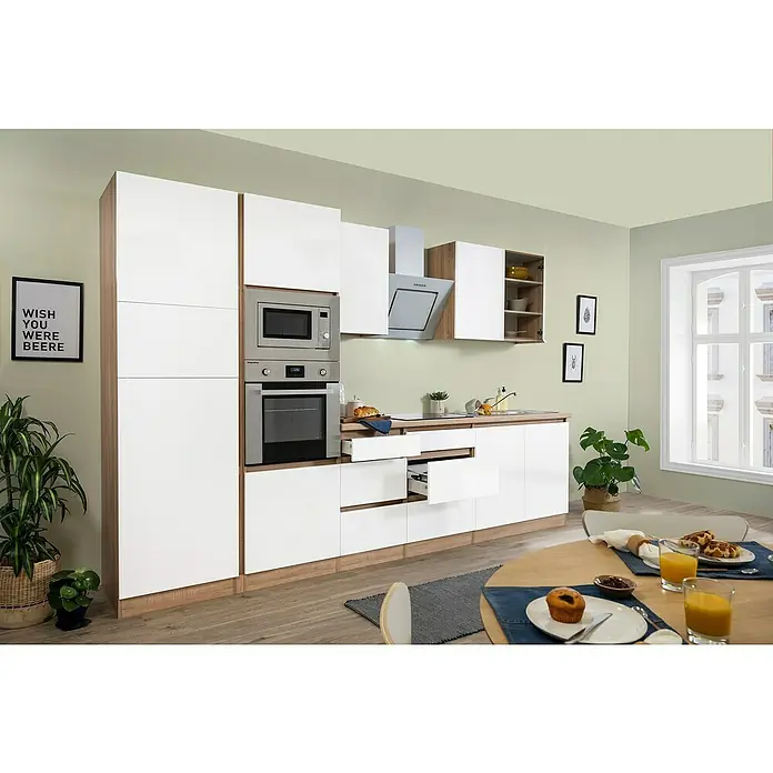 Respekta Premium Küchenzeile GLRP335HESWMGKE - Breite: 335 cm, Mit Elektrogeräten, Weiß matt - Stimmungsaufnahme
