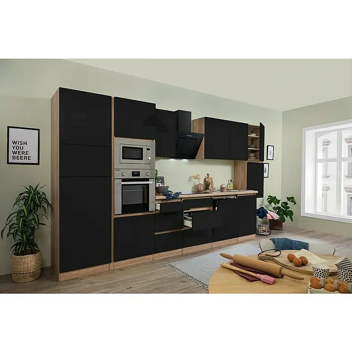 Respekta Premium Küchenzeile GLRP395HESSGKE - Breite: 395 cm, Mit Elektrogeräten, Schwarz Hochglanz - Stimmungsaufnahme