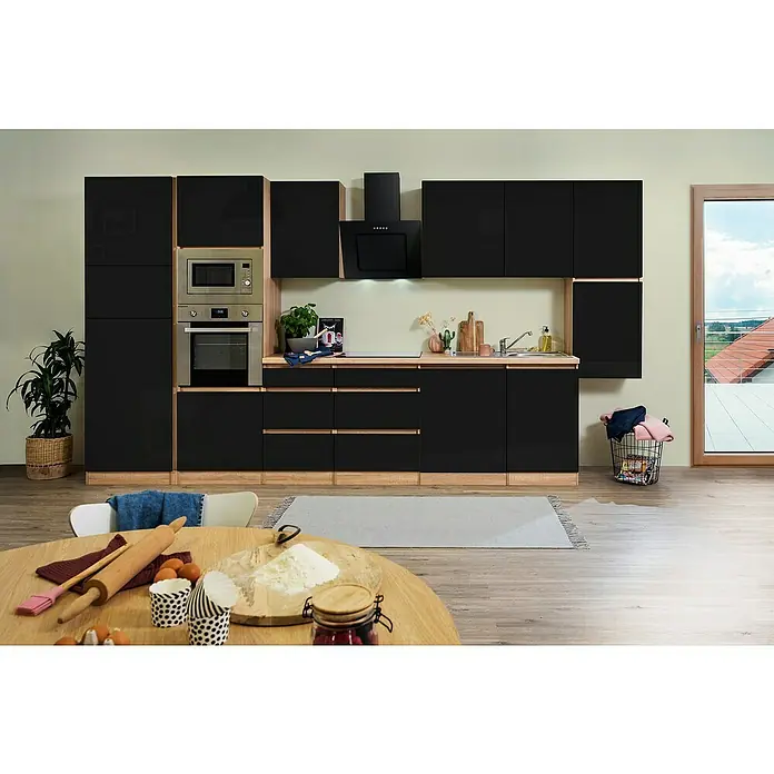 Respekta Premium Küchenzeile GLRP395HESSGKE - Breite: 395 cm, Mit Elektrogeräten, Schwarz Hochglanz - Stimmungsaufnahme