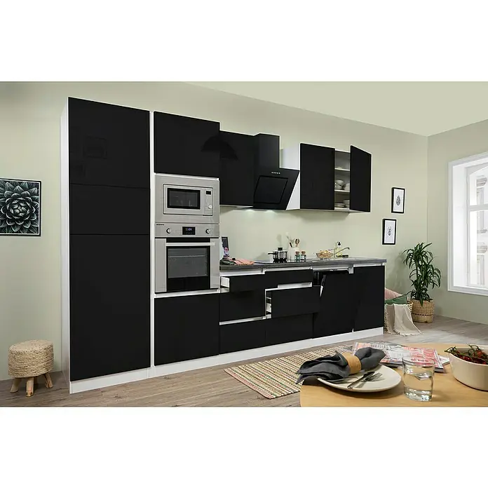 Respekta Premium Küchenzeile GLRP345HWSGKE - Breite: 345 cm, Mit Elektrogeräten, Schwarz Hochglanz - Stimmungsaufnahme