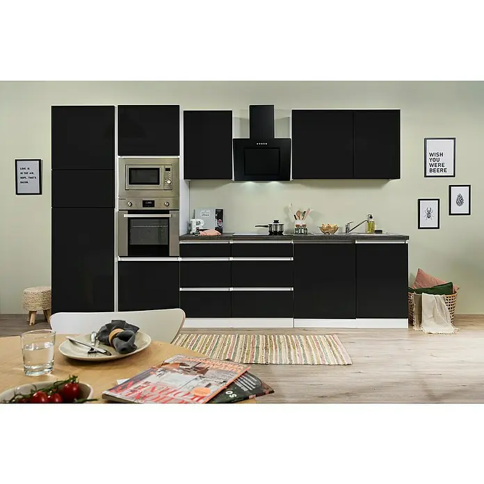 Respekta Premium Küchenzeile GLRP345HWSGKE - Breite: 345 cm, Mit Elektrogeräten, Schwarz Hochglanz - Stimmungsaufnahme