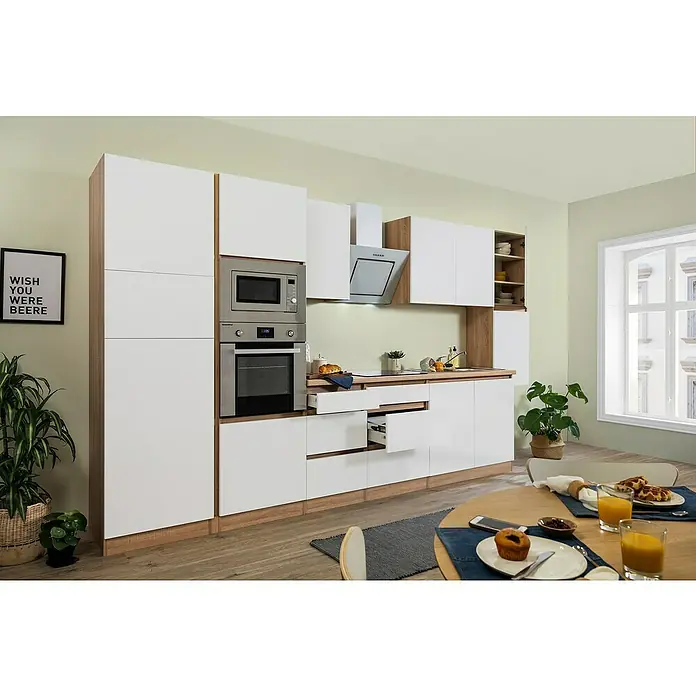 Respekta Premium Küchenzeile GLRP385HESWMGKE - Breite: 385 cm, Mit Elektrogeräten, Weiß matt - Stimmungsaufnahme