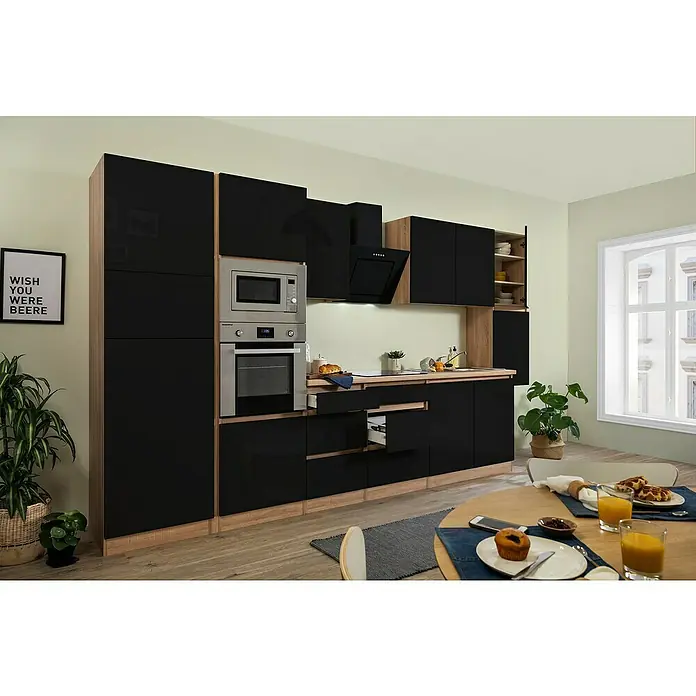 Respekta Premium Küchenzeile GLRP385HESSGKE - Breite: 385 cm, Mit Elektrogeräten, Schwarz Hochglanz - Stimmungsaufnahme