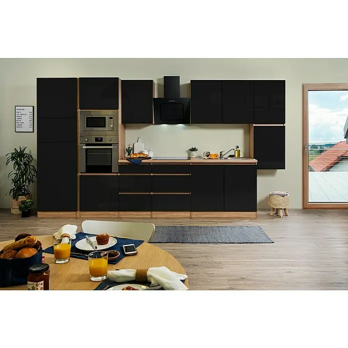 Respekta Premium Küchenzeile GLRP385HESSGKE - Breite: 385 cm, Mit Elektrogeräten, Schwarz Hochglanz - Stimmungsaufnahme