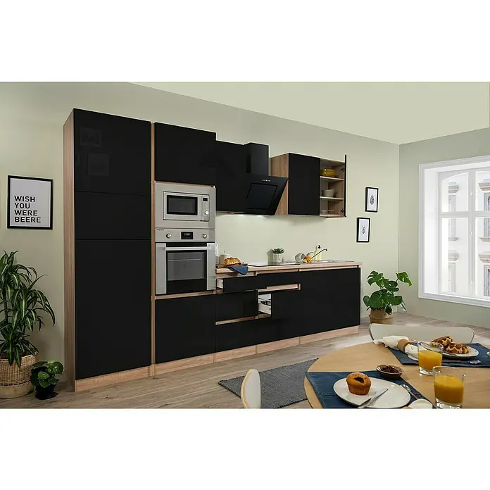 Respekta Premium Küchenzeile GLRP335HESSGKE - Breite: 335 cm, Mit Elektrogeräten, Schwarz Hochglanz - Stimmungsaufnahme