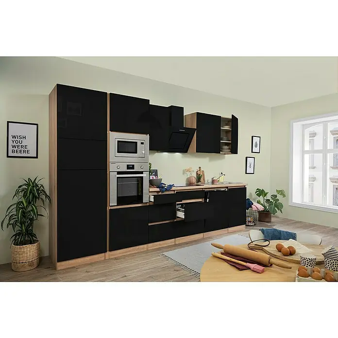 Respekta Premium Küchenzeile GLRP345HESSGKE - Breite: 345 cm, Mit Elektrogeräten, Schwarz Hochglanz - Stimmungsaufnahme