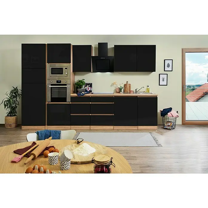 Respekta Premium Küchenzeile GLRP345HESSGKE - Breite: 345 cm, Mit Elektrogeräten, Schwarz Hochglanz - Stimmungsaufnahme