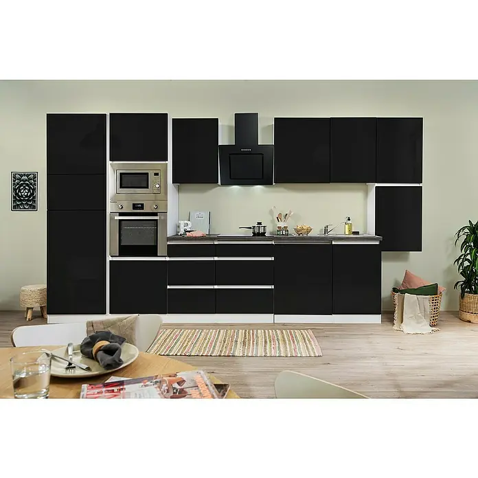 Respekta Premium Küchenzeile GLRP395HWSGKE - Breite: 395 cm, Mit Elektrogeräten, Schwarz Hochglanz - Stimmungsaufnahme