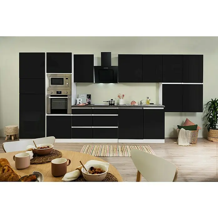 Respekta Premium Küchenzeile GLRP445HWSGKE - Breite: 445 cm, Mit Elektrogeräten, Schwarz Hochglanz - Stimmungsaufnahme