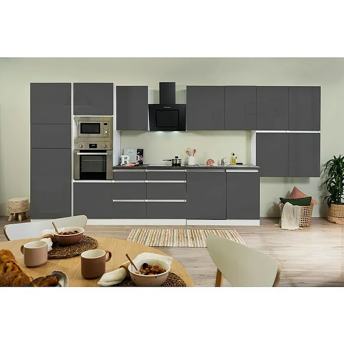 Respekta Premium Küchenzeile GLRP445HWGGKE - Breite: 445 cm, Mit Elektrogeräten, Grau Hochglanz - Stimmungsaufnahme