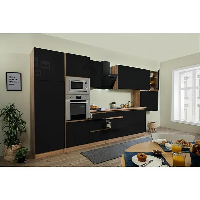 Respekta Premium Küchenzeile GLRP435HESSGKE - Breite: 435 cm, Mit Elektrogeräten, Schwarz Hochglanz - Stimmungsaufnahme