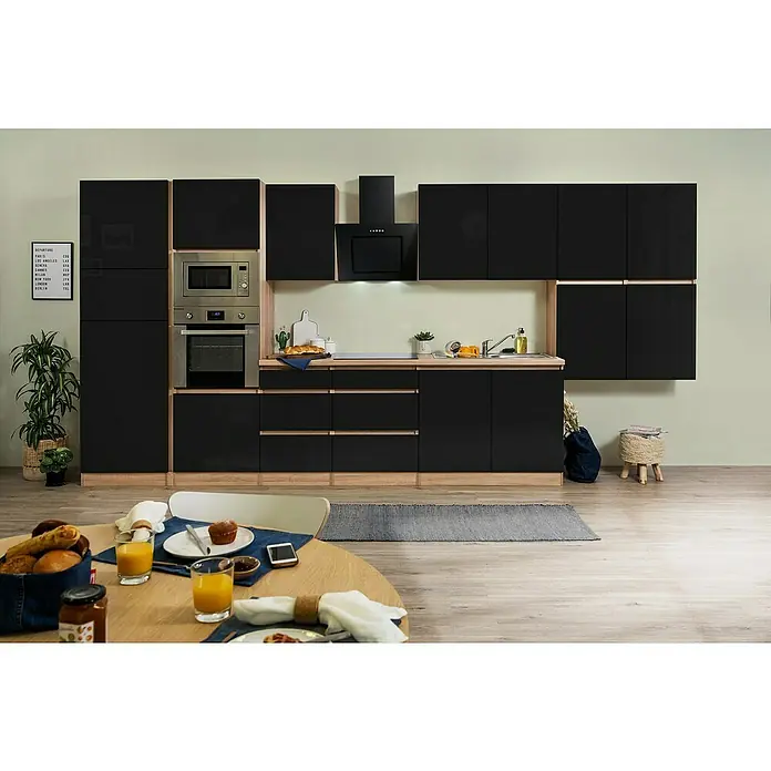 Respekta Premium Küchenzeile GLRP435HESSGKE - Breite: 435 cm, Mit Elektrogeräten, Schwarz Hochglanz - Stimmungsaufnahme