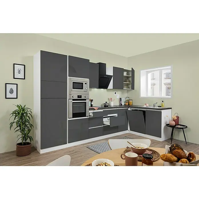 Respekta Premium Winkelküche GLRPL345HWGGKE - 345 x 172 cm, Mit Elektrogeräten, Grau Hochglanz - Stimmungsaufnahme