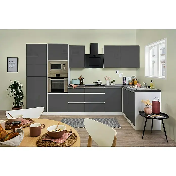Respekta Premium Winkelküche GLRPL345HWGGKE - 345 x 172 cm, Mit Elektrogeräten, Grau Hochglanz - Stimmungsaufnahme