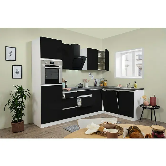 Respekta Premium Winkelküche GLRPL280HWS - 280 x 172 cm, Mit Elektrogeräten, Schwarz Hochglanz - Stimmungsaufnahme