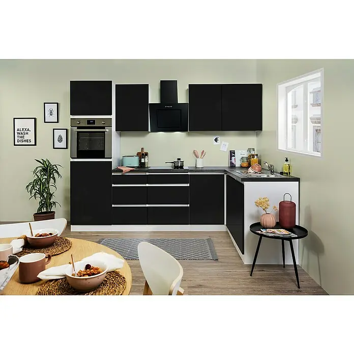 Respekta Premium Winkelküche GLRPL280HWS - 280 x 172 cm, Mit Elektrogeräten, Schwarz Hochglanz - Stimmungsaufnahme
