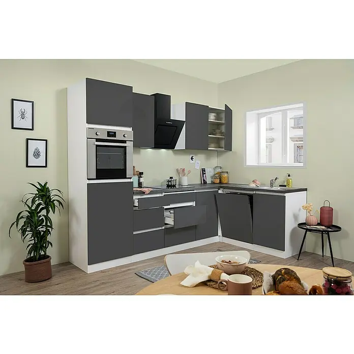 Respekta Premium Winkelküche GLRPL280HWG - 280 x 172 cm, Mit Elektrogeräten, Grau Hochglanz - Stimmungsaufnahme