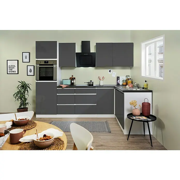 Respekta Premium Winkelküche GLRPL280HWG - 280 x 172 cm, Mit Elektrogeräten, Grau Hochglanz - Stimmungsaufnahme