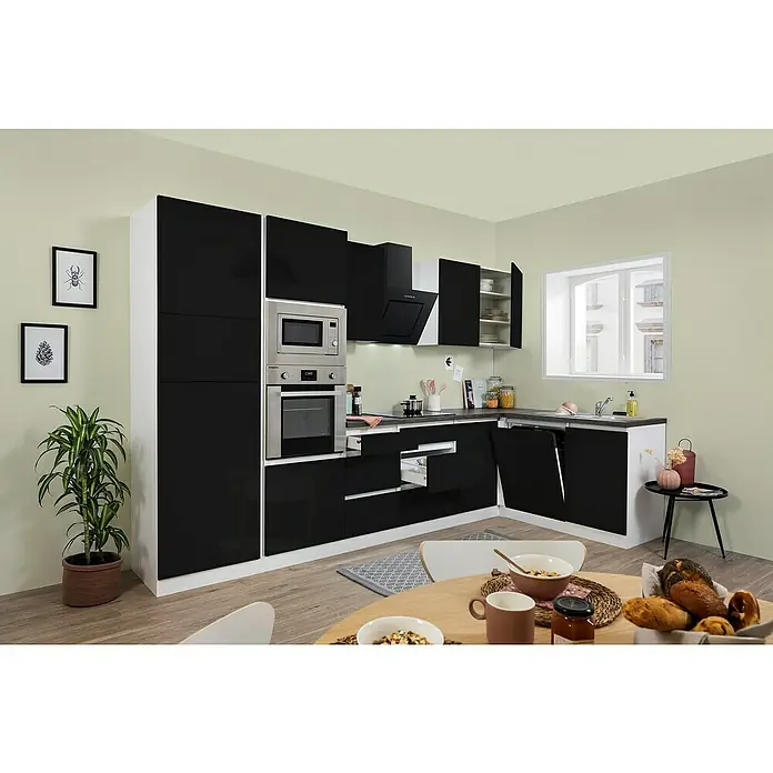 Respekta Premium Winkelküche GLRPL345HWSGKE - 345 x 172 cm, Mit Elektrogeräten, Schwarz Hochglanz - Stimmungsaufnahme
