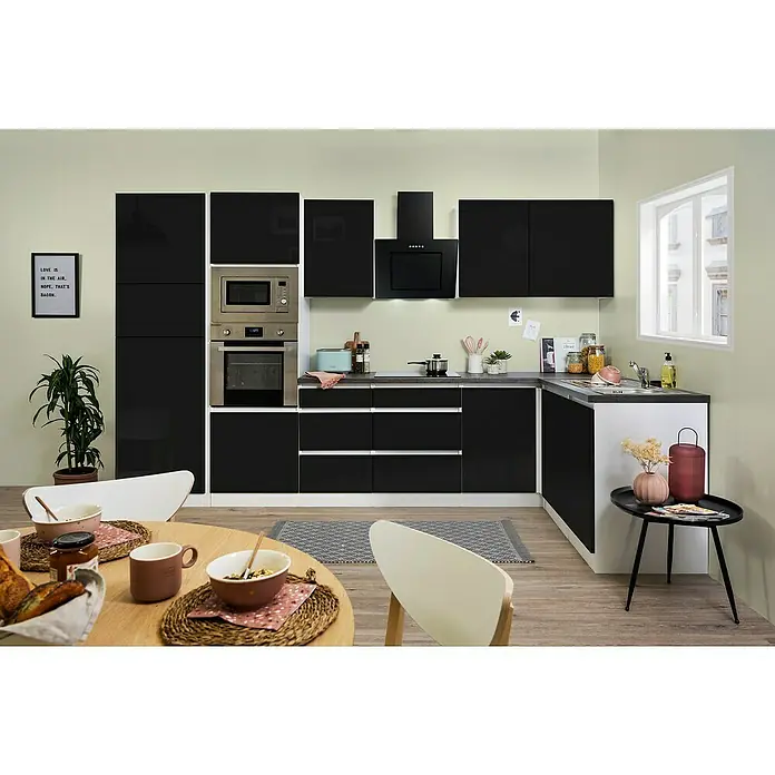 Respekta Premium Winkelküche GLRPL345HWSGKE - 345 x 172 cm, Mit Elektrogeräten, Schwarz Hochglanz - Stimmungsaufnahme