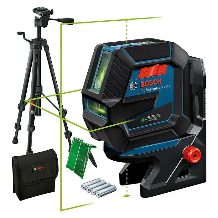 Bosch Professional Kombilaser GCL 2-50 G mit Bosch Professional Stativ BT 150 - Arbeitsbereich: 50 m (mit Empfänger) - Vorderansicht