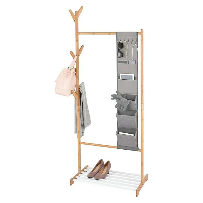 Garderobenständer - L x B x H: 38 x 65 x 167 cm, Anzahl Haken: 6, Bambus/Weiß - Diagonale Ansicht