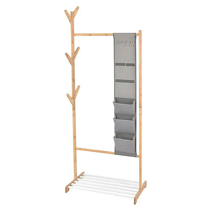 Garderobenständer - L x B x H: 38 x 65 x 167 cm, Anzahl Haken: 6, Bambus/Weiß - Diagonale Ansicht