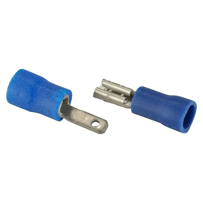Flachsteckhülsen - Breite: 2,8 mm, 1,5 - 2,5 mm², 10 x Flachstecker, 10 x Flachsteckhülse, Blau - Diagonale Ansicht