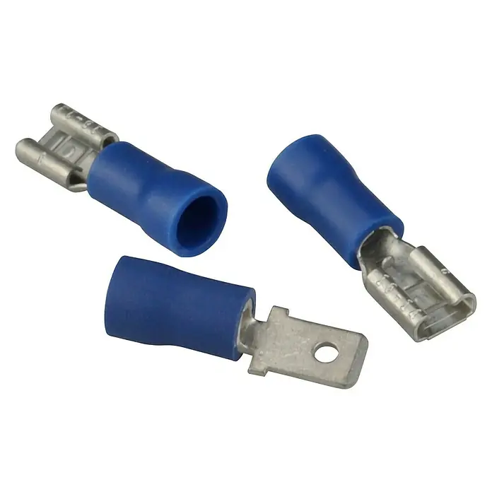 Flachsteckhülsen - Breite: 4,8 mm, 1,5 - 2,5 mm², 10 x Flachstecker, 10 x Flachsteckhülse, Blau - Diagonale Ansicht
