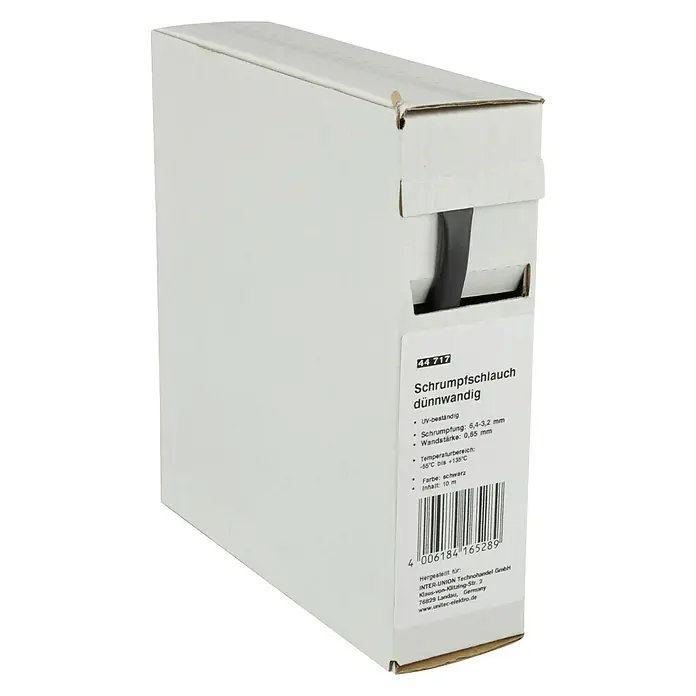 Schrumpfschlauch Meterware - Durchmesser: 6,4 mm - 3,2 mm, Schwarz, Schrumpfrate: 2:1 - Diagonale Ansicht