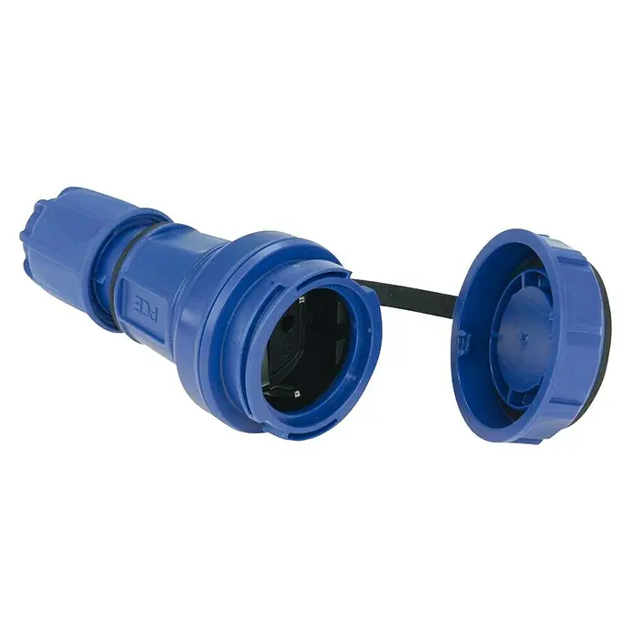 PCE Schutzkontakt-Kupplung - IP66, Blau, 230 V, 16 A - Diagonale Ansicht