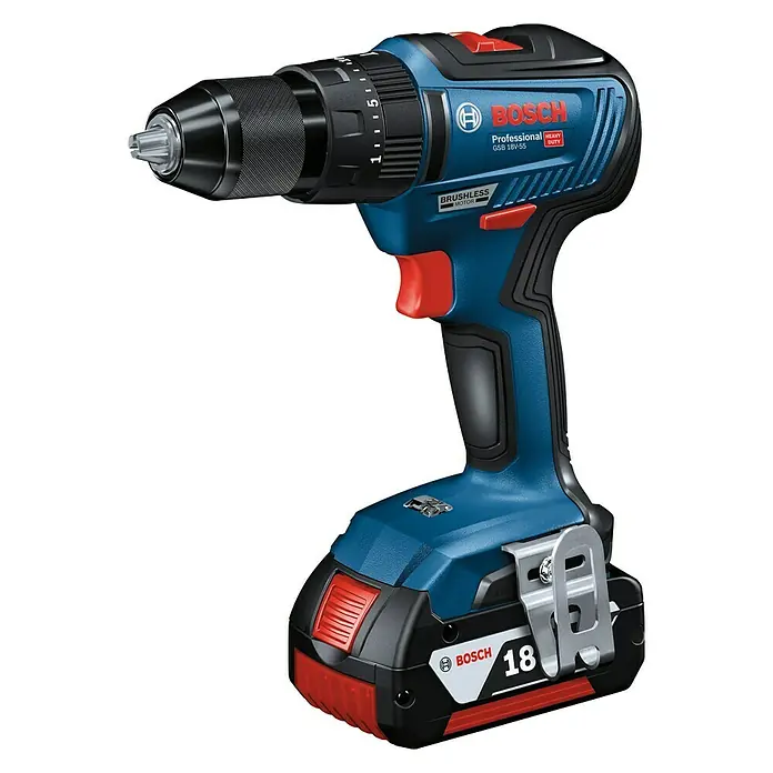 Bosch Professional Akku-Schlagbohrschrauber GSB 18V-55 - 18 V, 2 Akkus, 2 Ah - 4 Ah, Leerlaufdrehzahl: 1.800 U/min - Diagonale Ansicht