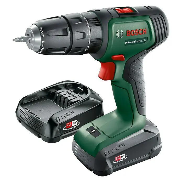 Bosch 18 V Power for All Taladro atornillador percutor de batería UniversalImpact 18 - 18 V, 2 baterías, 1,5 Ah, Número de revoluciones de marcha en vacío: 0 r.p.m. - 1.450 r.p.m. - Vista angular