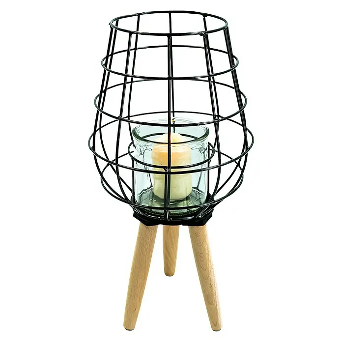 Windlicht auf Holzbeinen - Ø x H: 14 x 40 cm, Schwarz/Holz - Vorderansicht