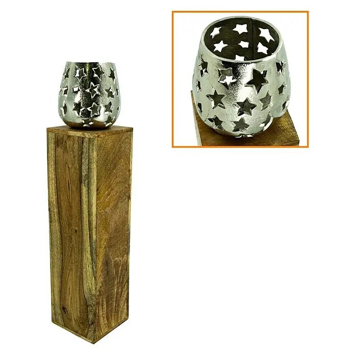 Windlicht auf Mangoholz-Säule - 15 x 15 x 69 cm, Stern - Vorderansicht