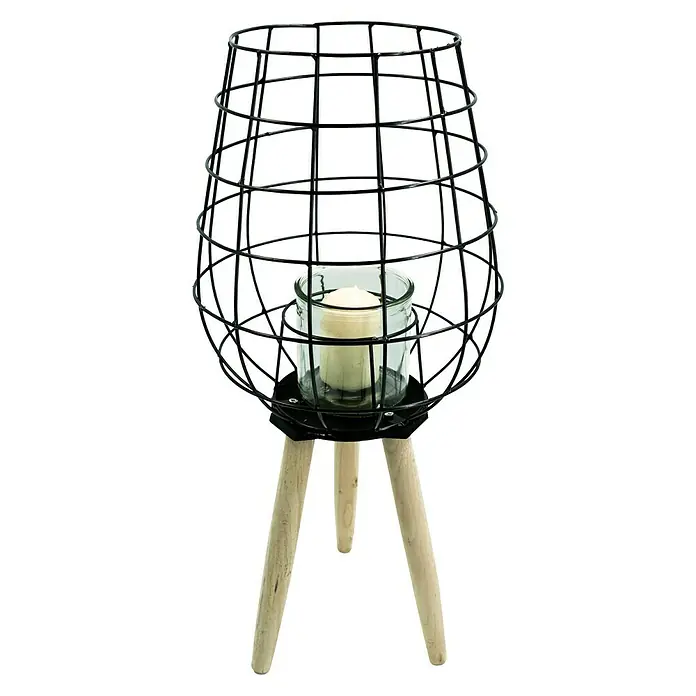 Windlicht auf Holzbeinen - Ø x H: 17 x 54 cm, Schwarz/Holz - Vorderansicht