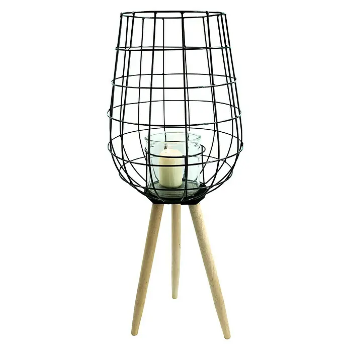 Windlicht auf Holzbeinen - Ø x H: 20,5 x 71 cm, Schwarz/Holz - Vorderansicht
