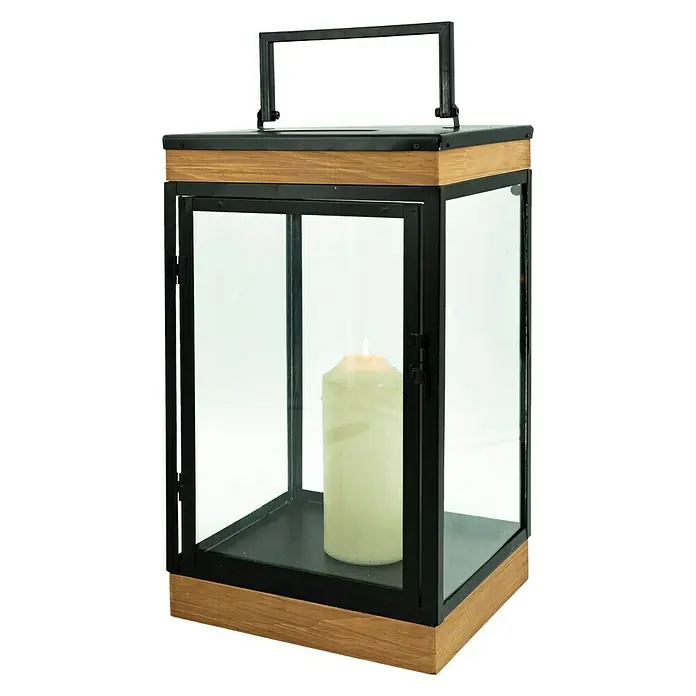 Laterne - L x B x H: 22,5 x 22,5 x 45 cm, Schwarz/Holz - Diagonale Ansicht