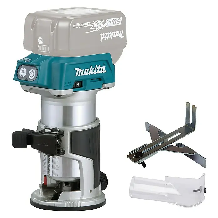Makita Akku-Multifunktionsfräse DRT50Z - 18 V, Ohne Akku, Leerlaufdrehzahl: 10.000 U/min - 30.000 U/min - Diagonale Ansicht