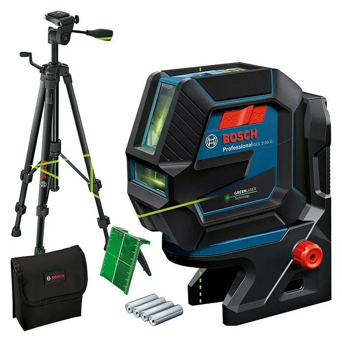 Bosch Professional Kombilaser GCL 2-50 G mit Bosch Professional Stativ BT 150 - Arbeitsbereich: 50 m (mit Empfänger) - Diagonale Ansicht