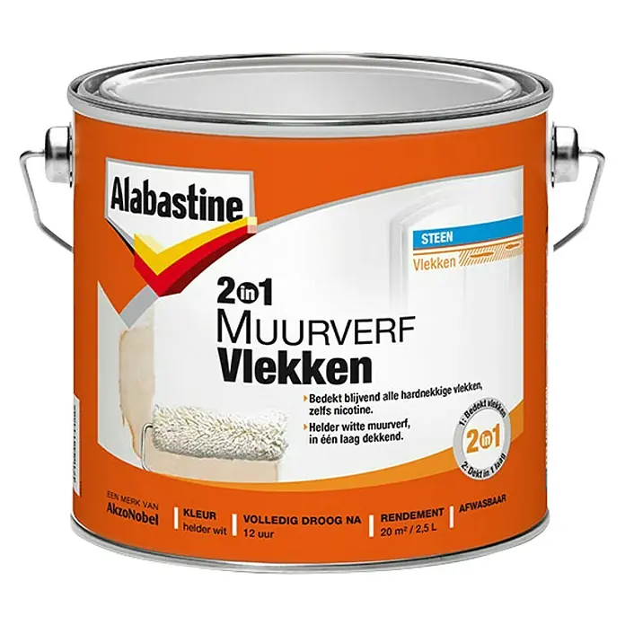 Alabastine Muurverf Vlekken 2 in 1 Helder Wit - Wit, 2,5 l, Mat - Vooraanzicht