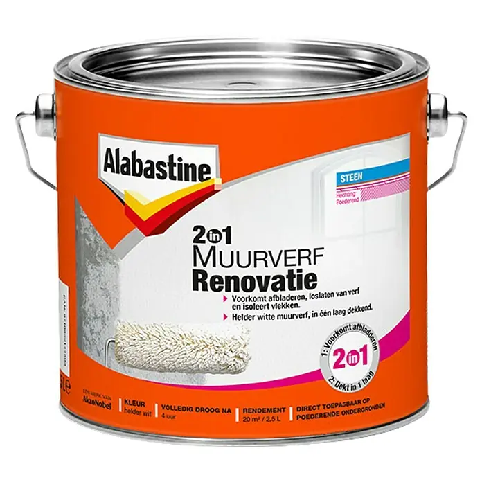 Alabastine Muurverf Renovatie Alles-in-1 Helder Wit - Wit, 2,5 l, Mat - Vooraanzicht