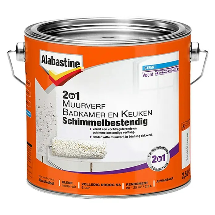 Alabastine Muurverf 2 in 1 Badkamer en Keuken Helder Wit - Wit, 2,5 l, Mat - Vooraanzicht