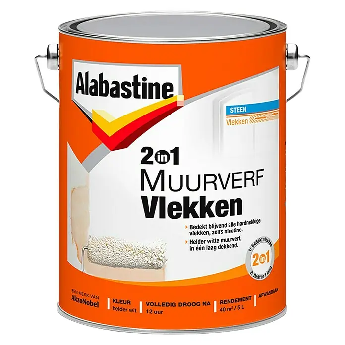 Alabastine Muurverf Vlekken 2 in 1 Helder Wit - Wit, 5 l, Mat - Vooraanzicht