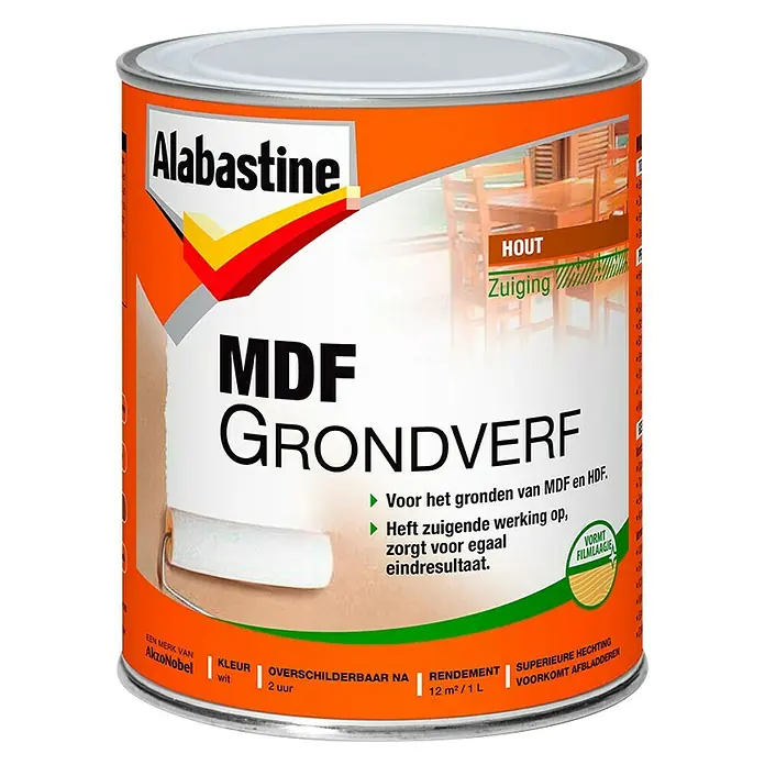 Alabastine Grondverf MDF 2 In 1 - Wit, 1 l - Vooraanzicht
