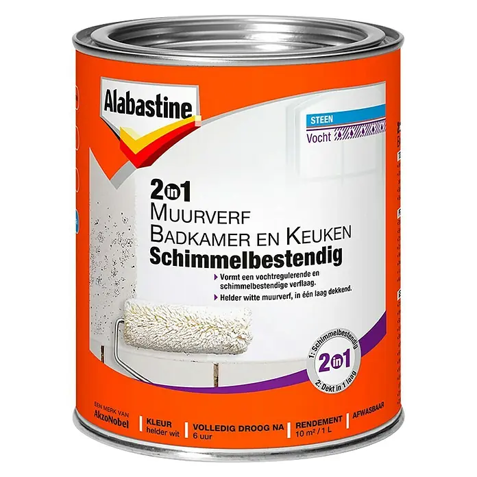 Alabastine Muurverf 2 in 1 Badkamer en Keuken Helder Wit - Wit, 1 l, Mat - Vooraanzicht