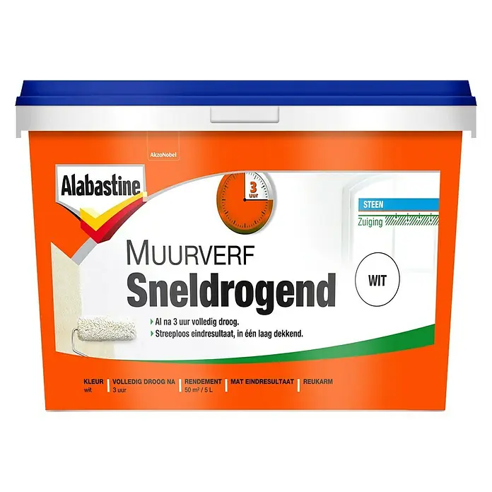 Alabastine Muurverf Sneldrogend Wit - Wit, 5 l, Mat - Vooraanzicht