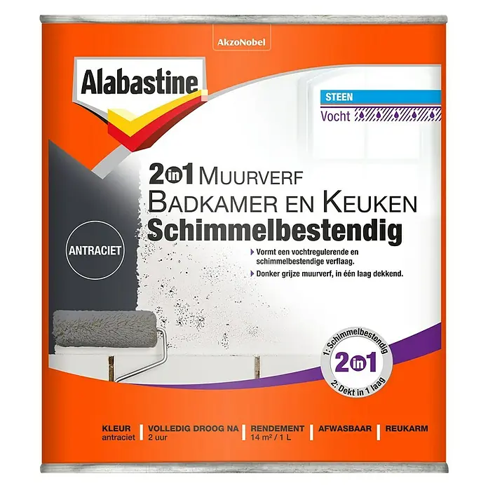 Alabastine Muurverf 2 in 1 Badkamer en Keuken Antraciet - 1 l, Mat - Vooraanzicht