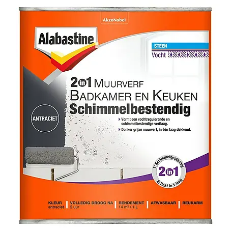 Alabastine  Muurverf 2 in 1 Badkamer en Keuken Antraciet
