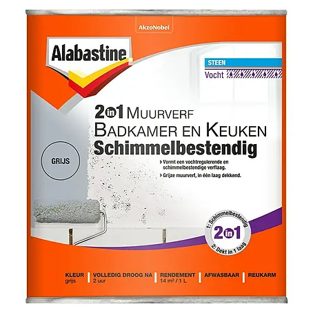 Alabastine  Muurverf 2 in 1 Badkamer en Keuken Grijs